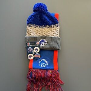 Boise State University Bundle. Hat, scarf & pins